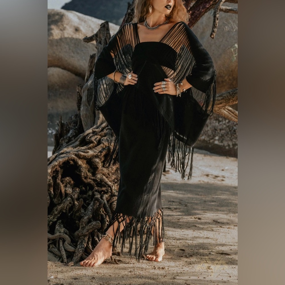 Faux Wrap Fringed Maxi Skirt